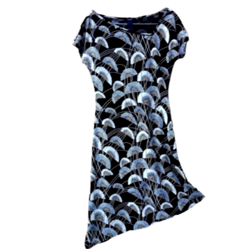 Vintage BCBG 90s Asymmetrical Neckline & Hemline Fan Lotus Flower Print size sm